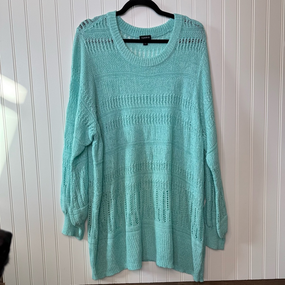 Torrid Size 4 (4X) Teal Open Knit Sweater Oversized Tunic Lightweight